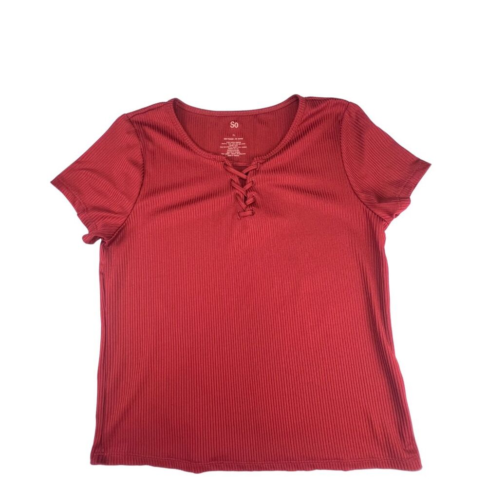 SO Blouse XL Burgundy Textured Vertical Ribbed Knit Tee Lace Up Wine Red Top